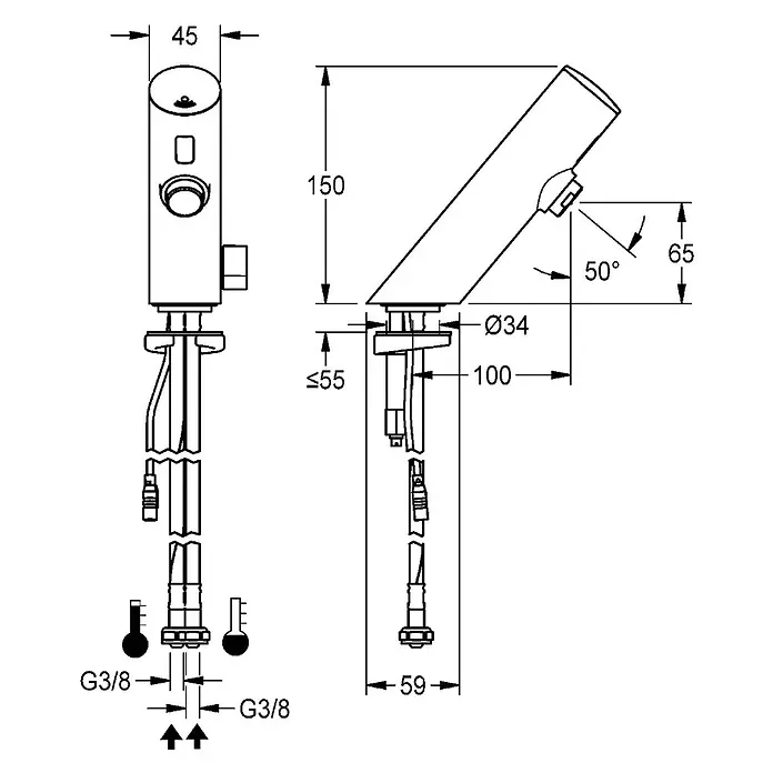 KWC Standventil KWC AR Standbatterie, F3, elek., Mischer, 3l, f. Netzteil - Messing poliert verchromt - Technisches Datenblatt eines Einhebelmischers mit Maßen, Anschlüssen (G3/8) und Installationsdetails.