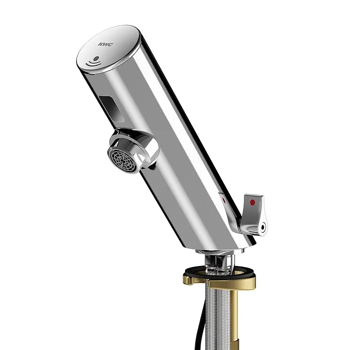 KWC Standventil KWC AR Standbatterie, F3, elek., Mischer, 3l, f. Netzteil - Messing poliert verchromt - Eleganter, verchromter KWC Sensorhahn. Montageteile sind sichtbar.