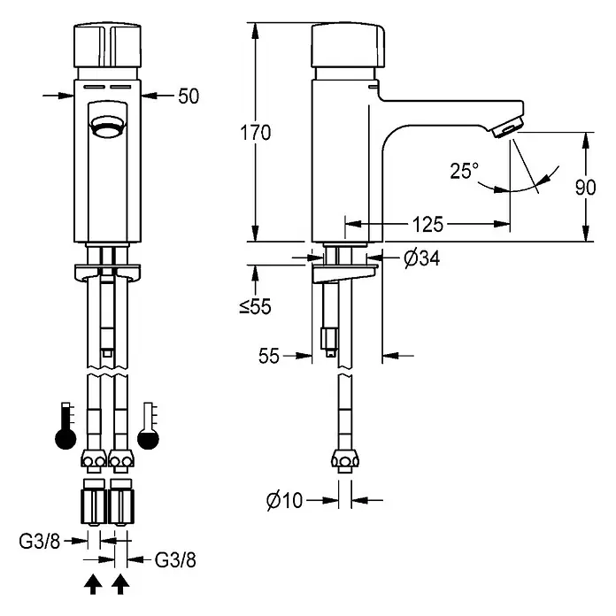 KWC Standventil KWC AR Standventil, F5, hydr., o. Mischung, 3l -  - Technische Zeichnung einer modernen Einhebelarmatur mit Maßen und Anschlussdetails.