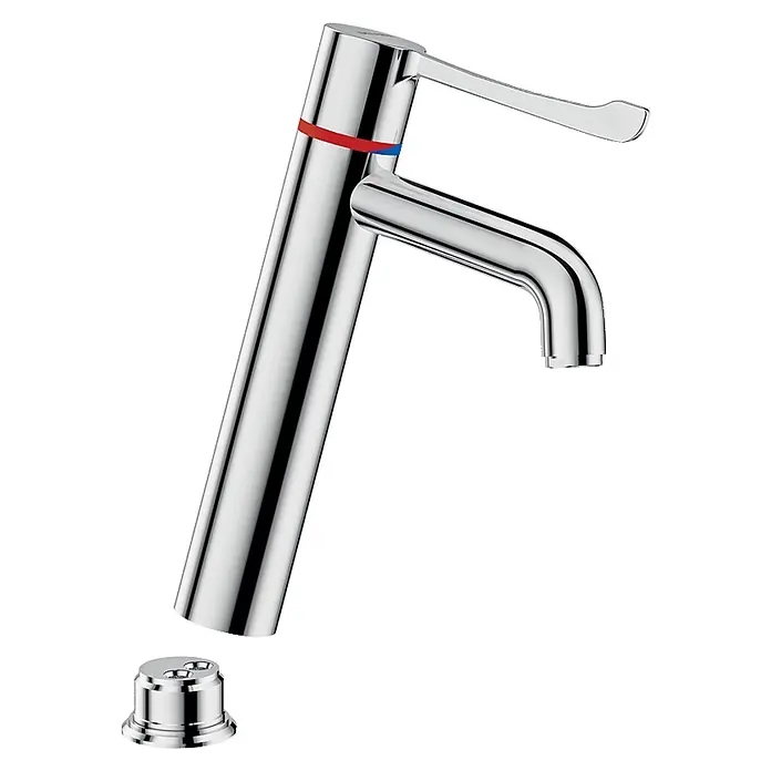 Delabie Spültischarmatur Delabie -  - Polierter Chrom-Einhebelmischer mit roten und blauen Warm-/Kaltwasseranzeigen und separater Basis.