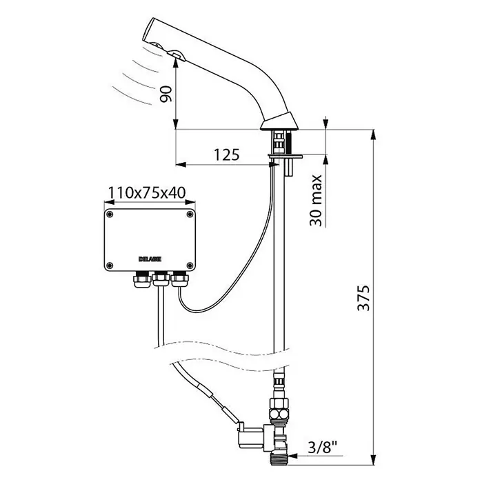 Delabie Spültischarmatur Delabie - Chrom - Technische Zeichnung eines berührungslosen Wasserhahns mit Maßen und Anschlussdetails.