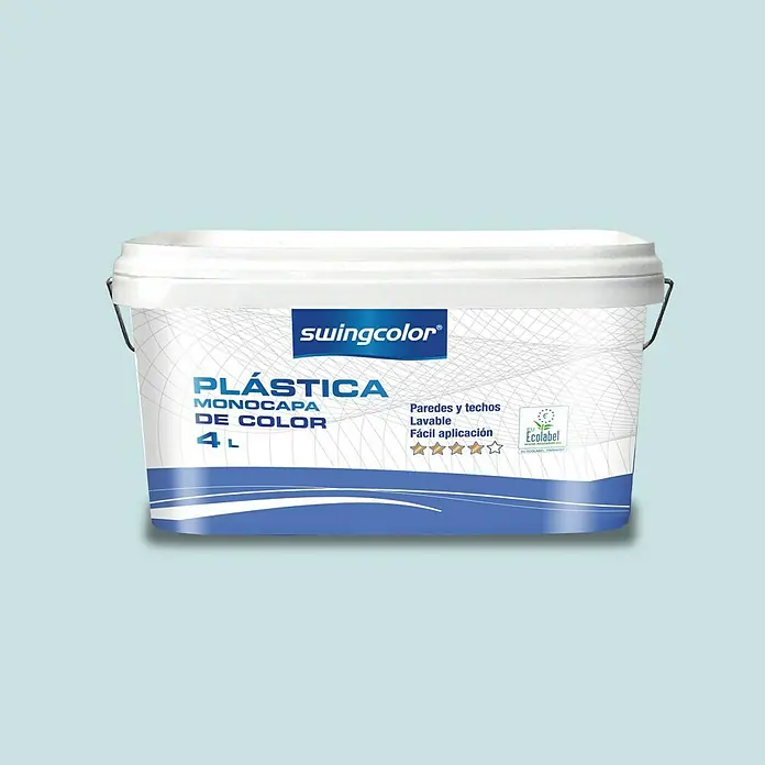 swingcolor Pintura para paredes - Estrella, Mate, 4 l - Imagen de un cubo blanco de 4L de pintura interior Swingcolor Plástica Monocapa, apta para paredes y techos, con certificación Ecolabel.