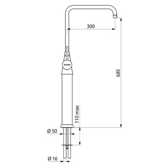 Delabie Spültischarmatur Delabie -  - Technische Zeichnung einer hohen Schwanenhalsarmatur mit Hauptmaßen und Installationsdetails.