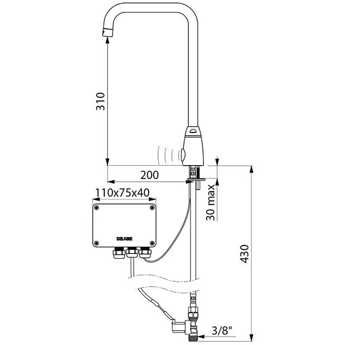 Delabie Spültischarmatur Delabie - Chrom - Technische Zeichnung eines Schwanenhals-Sensorhahns mit Steuerbox und 3/8"-Anschluss, Maße detailliert.