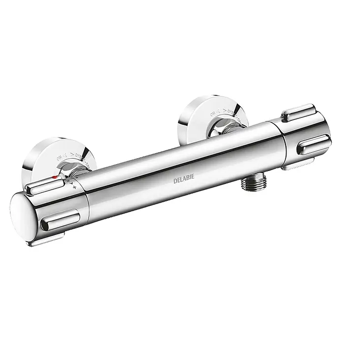 Delabie UP-Brausethermostat Delabie Brause-Thermostatarmatur SECURITHERM, Anschlüsse STOP/CHECK -  - Verchromte Thermostat-Duscharmatur mit Temperatur- und Durchflussreglern sowie einem Schlauchanschluss.