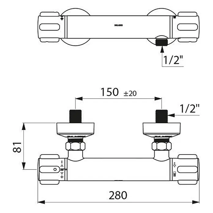 Delabie UP-Brausethermostat Delabie Brause-Thermostatarmatur SECURITHERM, Anschlüsse STOP/CHECK -  - Technische Zeichnung einer horizontalen Thermostat-Mischbatterie mit Maßen und 1/2 Zoll Anschlüssen.
