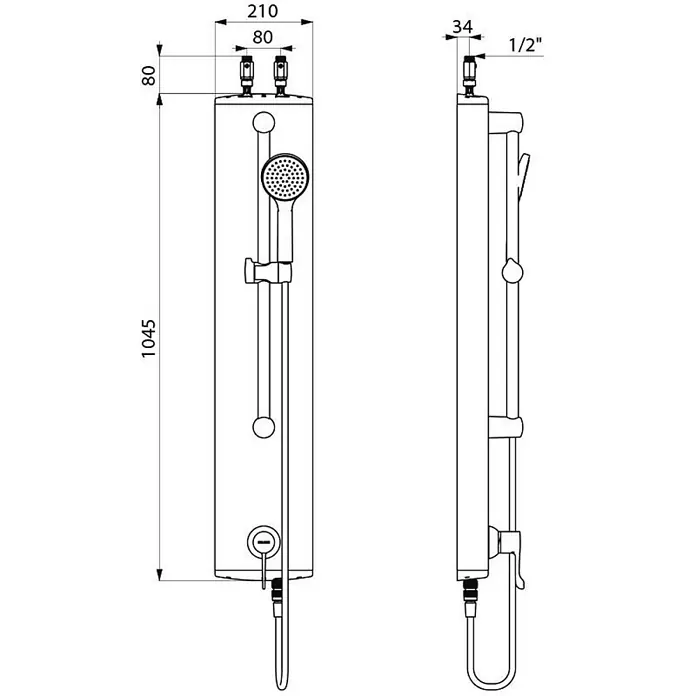 Delabie UP-Brausethermostat Delabie DU-Elem.SECURITHERM Therm. sequentiell, flex.Schl., m.Handbr. -  - Technische Zeichnung eines kompakten wandmontierten Elektro-Warmwasserbereiters mit Brauseset.