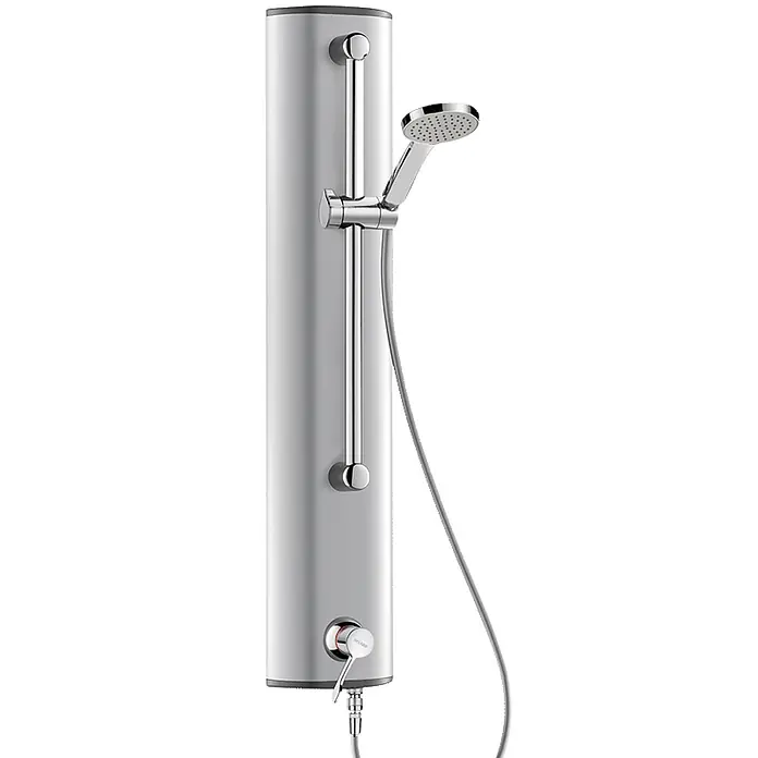 Delabie UP-Brausethermostat Delabie DU-Elem.SECURITHERM Therm. sequentiell, flex.Schl., m.Handbr. -  - Silberne Duschsäule mit Handbrause, verstellbarer Gleitstange und Mischbatterie.