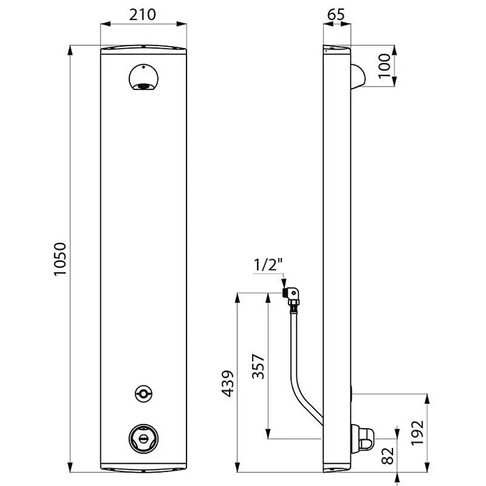 Delabie UP-Brausethermostat Delabie DU-Elem. SECURITHERM Therm. 6V Batt.,Alu, Anschl. verdeckt -  - Technische Zeichnung eines rechteckigen, vertikalen Warmwasserbereiters, 1050x210x65mm, mit 1/2"-Anschlüssen.