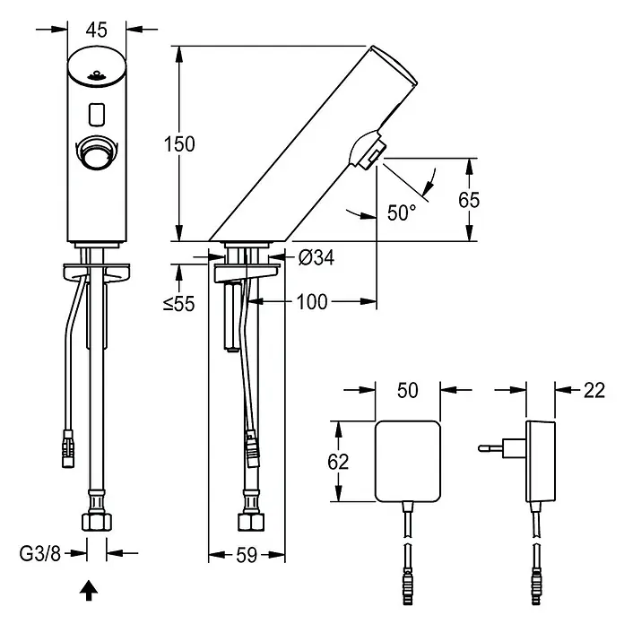 KWC Standventil KWC AR Standventil, F3, elek., o. Mischung, 6l, Steckernetzteil 230 VAC - Messing poliert verchromt - Technische Zeichnung einer modernen Sensorarmatur, mit Maßen und Netzteil.
