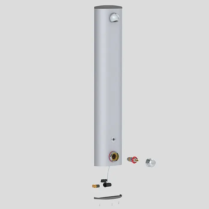 Delabie UP-Brausethermostat Delabie DU-Elem. SECURITHERM Therm. 6V Batt.,Alu, Anschl. verdeckt -  - Ein hoher, silberner zylindrischer Warmwasserspeicher mit zerlegten Sanitärkomponenten darunter.