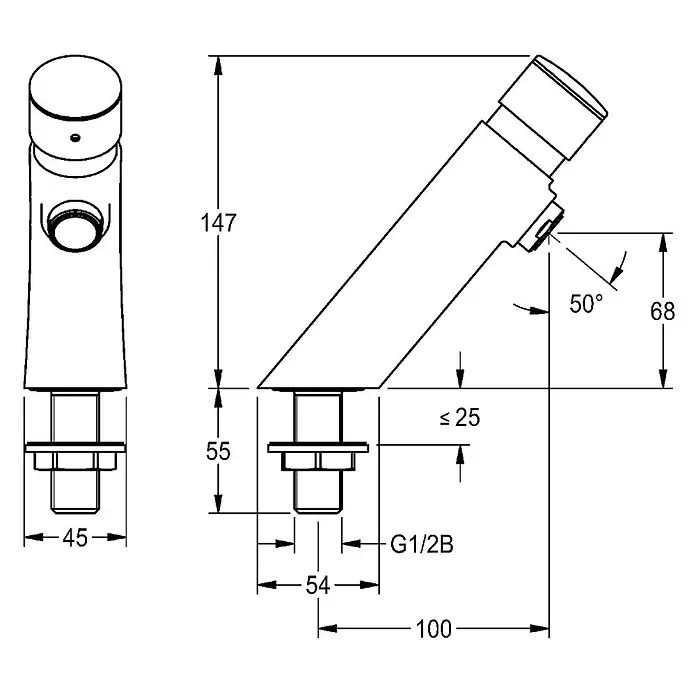 KWC Standventil KWC AR Standventil, F3, hydr., o. Mischung, 3l, Antiblockiersystem - Messing poliert verchromt - Technische Zeichnung einer Einhebel-Mischbatterie mit Maßen.