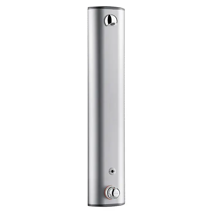 Delabie UP-Brausethermostat Delabie DU-Elem. SECURITHERM Therm. 6V Batt.,Alu, Anschl. verdeckt -  - Hoher, silberner zylindrischer Elektro-Warmwasserspeicher mit Chrom-Zapfhahn und Bedienfeld.