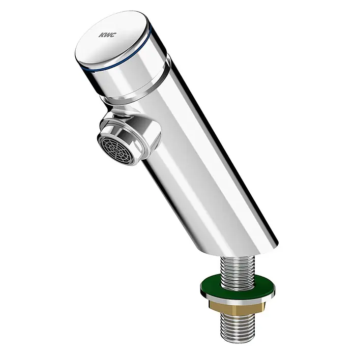 KWC Standventil KWC AR Standventil, F3, hydr., o. Mischung, 3l, Antiblockiersystem - Messing poliert verchromt - Eleganter Chrom-Wasserhahn mit blauem Akzentring, KWC-Logo und sichtbarem Belüfter. Mit Gewindefuß und grüner Dichtung.