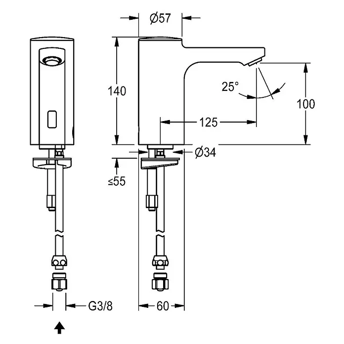 KWC Standventil KWC AR Standventil, F5, elek., o. Mischung, 5l, Rohr, Batterie -  - Moderner, verchromter Sensor-Wasserhahn mit Maßen dargestellt.