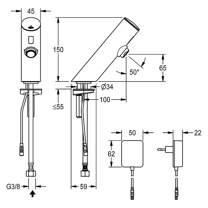 KWC Standventil KWC AR Standventil, F3, elek., o. Mischung, 3l, Steckernetzteil 230 VAC -  - Technische Zeichnung eines modernen, zylindrischen Wasserhahns mit Maßen und separatem Netzteil. Zeigt Installationsdetails.
