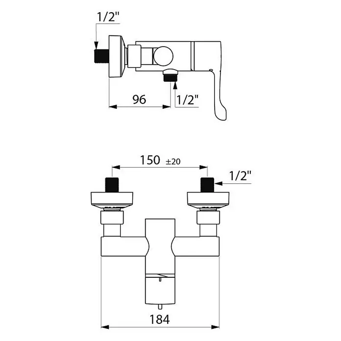 Delabie UP-Brausethermostat Delabie Br.-Therm. SECURITHERM sequentiell Abg. unten, STOP/CHECK -  - Technische Zeichnung einer Wandmischbatterie mit 1/2-Zoll-Anschlüssen und Maßen, inkl. 150 ±20 mm Achsabstand.