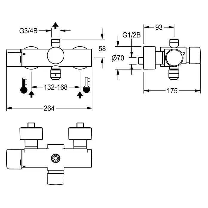 KWC UP-Brausethermostat - Poliert verchromt - Technische Zeichnung eines Thermostat-Duschmischers mit Maßen und Anschlusspunkten.