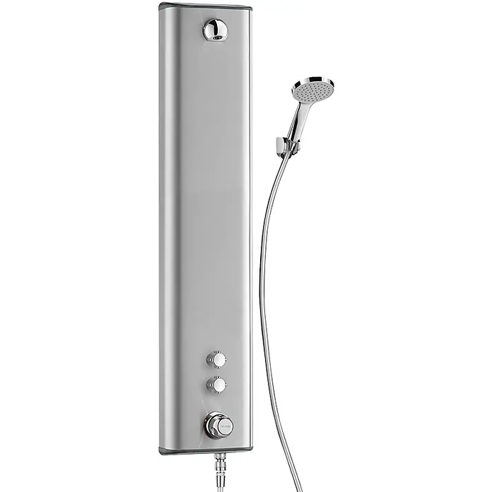 Delabie UP-Brausethermostat Delabie DU-Elem. SECURITH. Therm.,Edst.,Anschl.o.,Handbr.,Halterung -  - Silbernes Duschpaneel mit Handbrause und Bedienknöpfen.