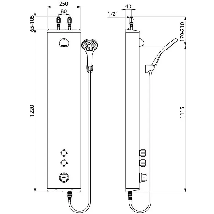 Delabie UP-Brausethermostat Delabie DU-Elem. SECURITH. Therm.,Edst.,Anschl.o.,Handbr.,Halterung -  - Technische Zeichnung einer rechteckigen Duschpaneel mit Handbrause, Vorder- und Seitenansichten mit Maßen.