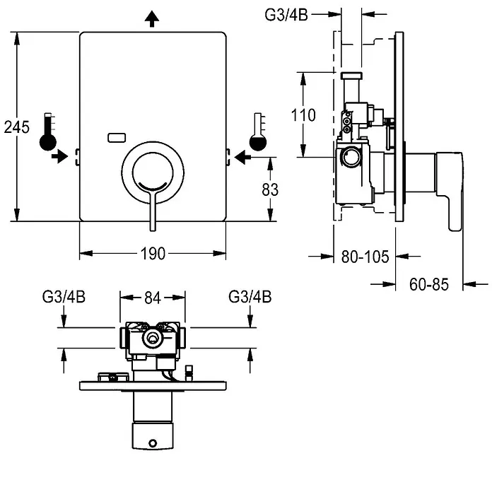 KWC UP-Brausethermostat KWC AR Thermostatbatterie, F5, EHM, UP, F-Set, Hygieneinheit - Messing poliert verchromt - Technische Zeichnung eines Unterputz-Duschmischers mit Vorder-, Seiten- und Draufsicht, Maßen und G3/4B-Anschlüssen für die Installation.