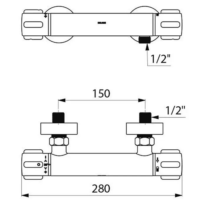 Delabie UP-Brausethermostat Delabie Brause-Thermostatarmatur SECURITHERM, Standard S-Anschlüsse -  - Technische Zeichnung einer Duscharmatur aus Metall mit zwei Bediengriffen. Maße: 280mm Länge, 150mm Abstand, 1/2" Anschlüsse.
