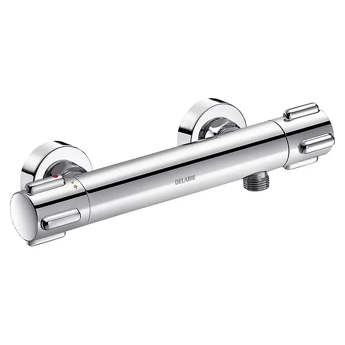 Delabie UP-Brausethermostat Delabie Brause-Thermostatarmatur SECURITHERM, Standard S-Anschlüsse -  - Verchromter Thermostat-Duschmischer, Marke DELABIE, mit Bedienelementen.
