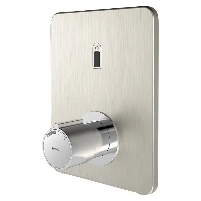 KWC UP-Brausethermostat -  - Gebürstetes Metall-Duschbedienfeld mit Chrom-Temperaturregler (H/C) und Ein-/Aus-Taste. Marke KWC sichtbar.