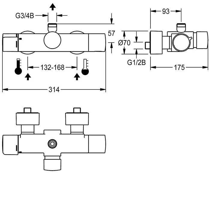 KWC UP-Brausethermostat KWC AR Wandbatterie, F5, hydr., Thermostat, für Bogen/Duschrohr, C-Modul - Messing poliert verchromt - Technisches Diagramm eines Thermostat-Duschmischers mit Maßen und Anschlüssen.