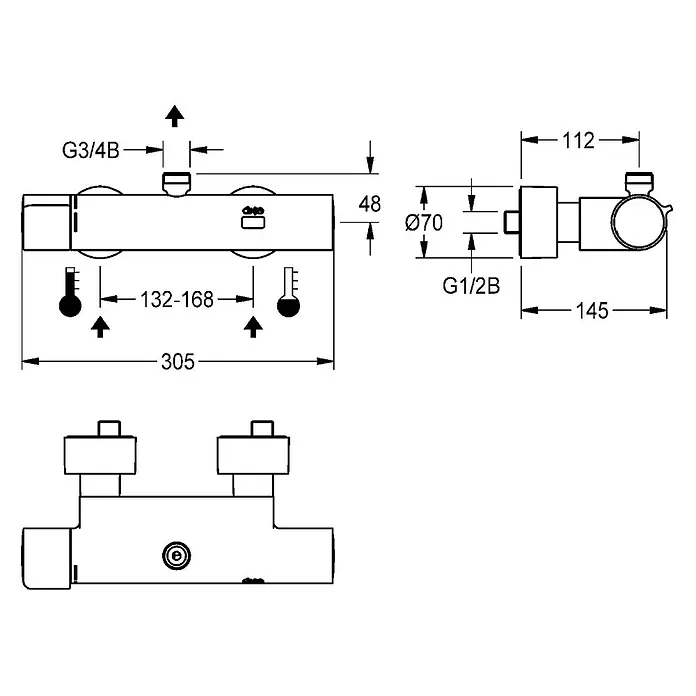 KWC UP-Brausethermostat KWC AR Wandbatterie, F5, elek., Thermostat, für Bogen/Duschrohr, Batterie -  - Technische Zeichnung eines verchromten Thermostat-Duschmischers mit Maßen und G3/4B sowie G1/2B Anschlüssen.