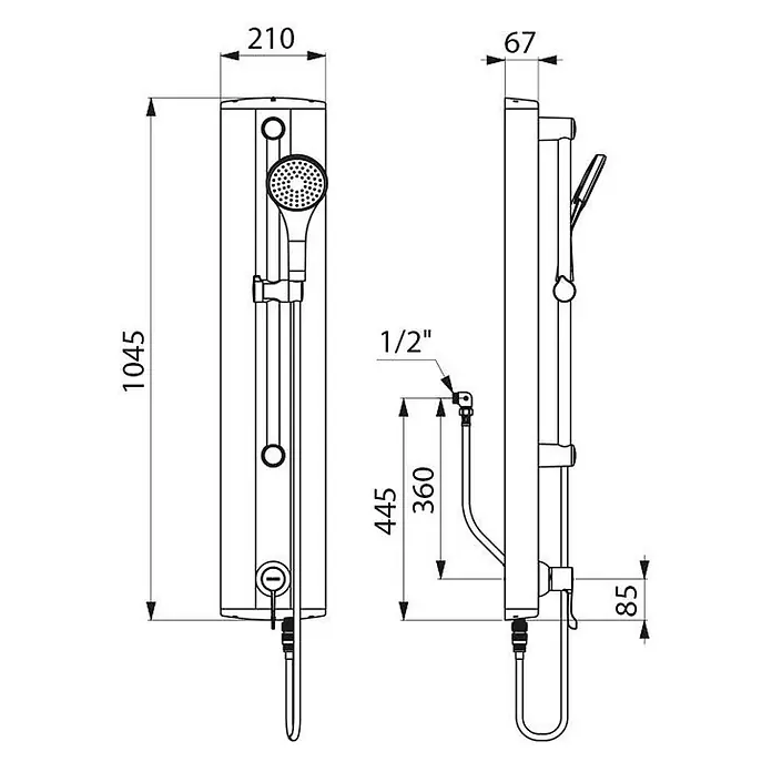 Delabie UP-Brausethermostat Delabie DU-Elem.SECURITH. Therm. sequentiell Anschl.verd. m.Handbr. -  - Technische Zeichnung einer schlanken, wandmontierten Elektro-Duscharmatur mit Handbrause, Vorder- und Seitenansicht und Installationsmaßen.