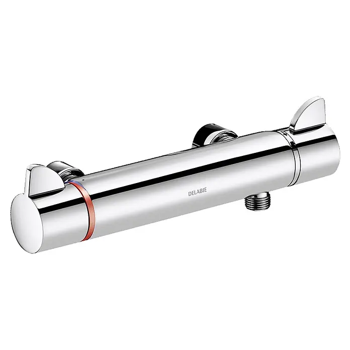 Delabie UP-Brausethermostat Delabie Brausethermostat SECURITHERM Securitouch, ohne S-Anschlüsse -  - Glänzender verchromter Thermostat-Duschmischer mit Durchfluss- und Temperaturreglern, rot und blau markiert. Marke DELABIE.