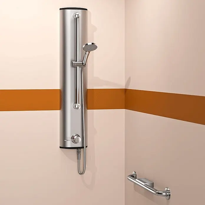 Delabie UP-Brausethermostat Delabie DU-Elem.SECURITH. Therm. sequentiell Anschl.verd. m.Handbr. -  - Silbernes Duschpaneel mit Handbrause und Bedienelementen, geeignet für barrierefreie Bäder mit Haltegriff.