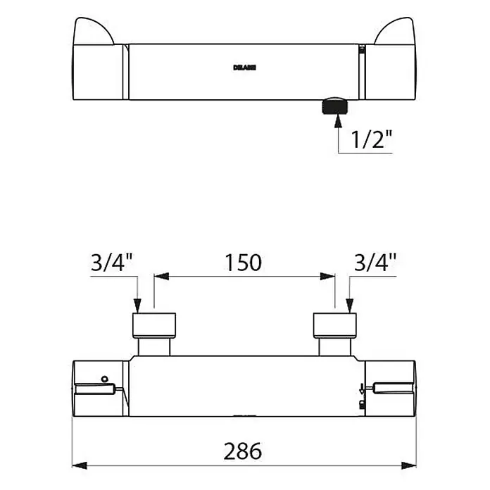 Delabie UP-Brausethermostat Delabie Brausethermostat SECURITHERM Securitouch, ohne S-Anschlüsse -  - DELABIE Sanitärverteiler: 1/2" Abgang, 3/4" Eingänge (150mm Abstand), 286mm Gesamtlänge.