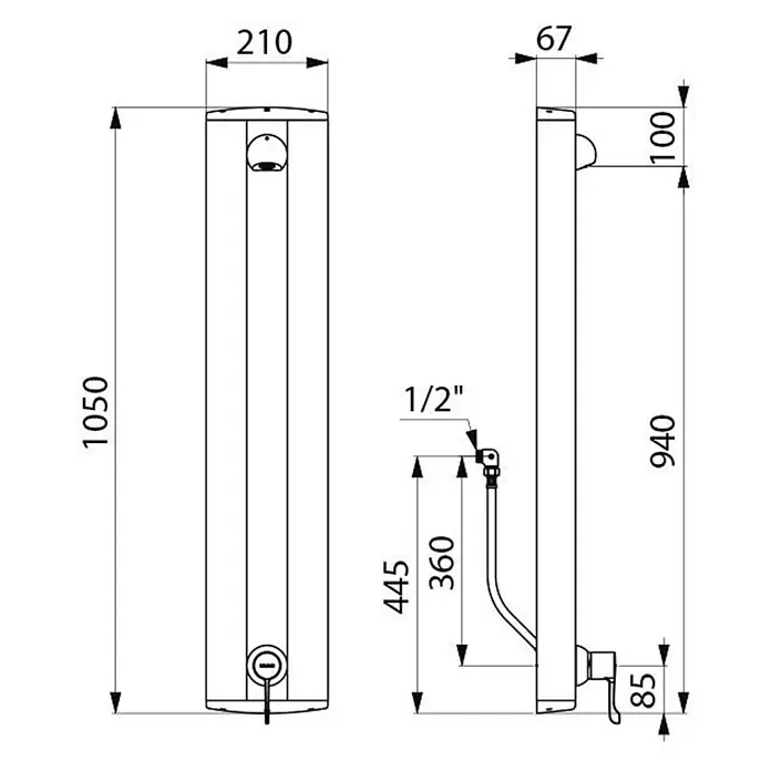 Delabie UP-Brausethermostat Delabie DU-Elem. SECURITHERM Therm. sequentiell. Anschluss verd. -  - Technische Zeichnung einer vertikalen Außenduschsäule mit Maßen: 1050 mm H, 210 mm B, 1/2 Zoll Wassereinlass und Wasserhahn.
