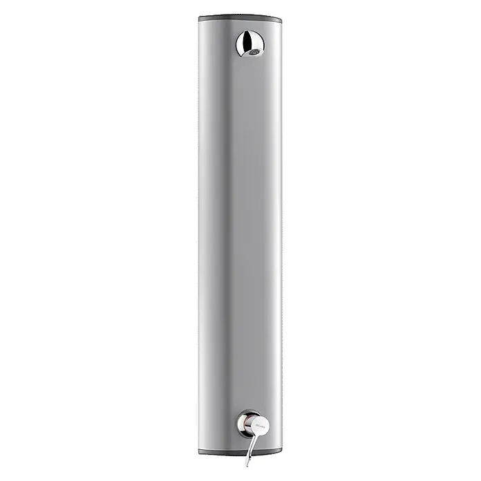Delabie UP-Brausethermostat Delabie DU-Elem. SECURITHERM Therm.sequentiell,flexible Schläuche,BEL -  - Metallgraue zylindrische Duschsäule mit Kopfbrause und unterem Bedienhebel.