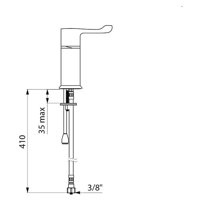 Delabie UP-Brausethermostat Delabie Brausethermostat sequent. für Fernbetätigung, f. Auszugbrause -  - Technische Zeichnung eines Einhebelmischers mit 410mm Höhe, 35mm max. Einbautiefe und 3/8" Anschluss.