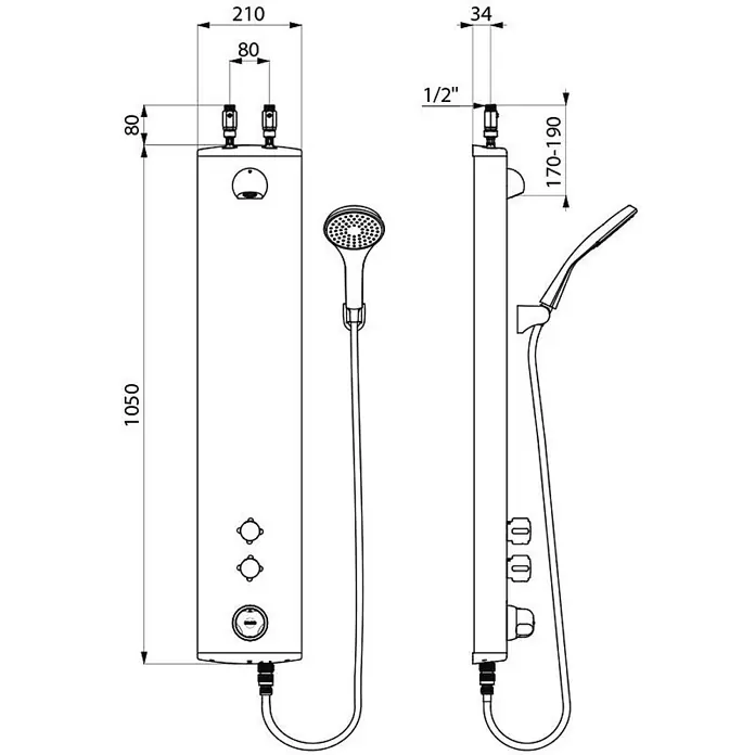 Delabie UP-Brausethermostat Delabie DU-Elem. SECURITH. Therm.,Alu,Anschluss ob.,Handbr.,Halterung -  - Technische Zeichnung eines rechteckigen Duschpaneels mit integrierten Bedienelementen und Handbrause mit Schlauch für die Badinstallation.