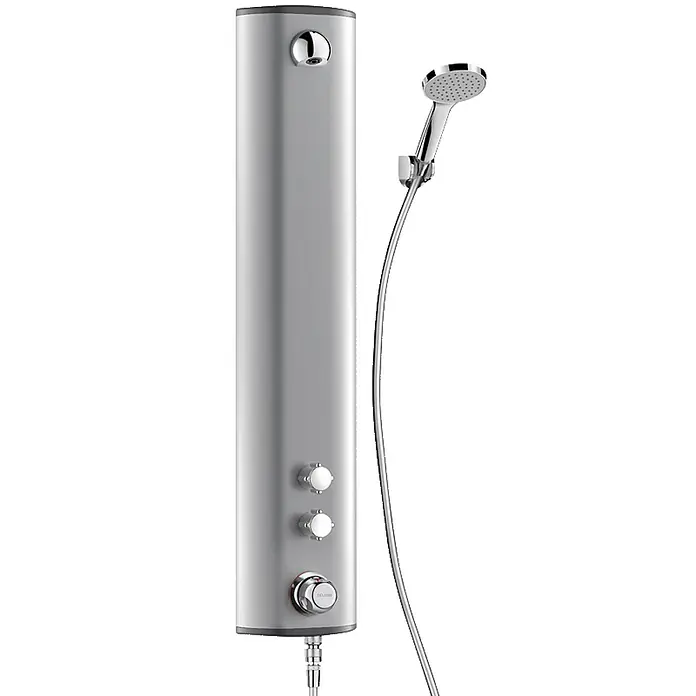Delabie UP-Brausethermostat Delabie DU-Elem. SECURITH. Therm.,Alu,Anschluss ob.,Handbr.,Halterung -  - Silberner Durchlauferhitzer mit Duschkopf und Bedienelementen.