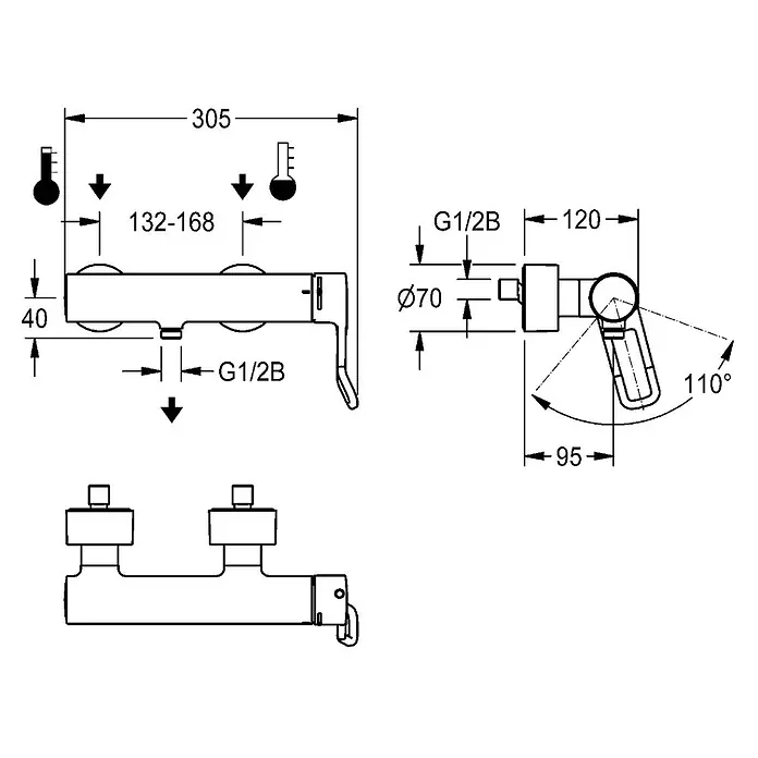 KWC UP-Brausethermostat KWC AR Thermostat-Wandbatterie, F4, EHM, für Handbrause, Hebel 118 mm - Basaltgrau - Technische Zeichnung einer Thermostat-Duscharmatur mit Maßen, G1/2B-Anschlüssen und Hebelbereich.