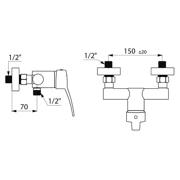 Delabie UP-Brausethermostat Delabie Brause-EHM SECURITHERM EP, Bedienhebel, Stdd. S-Anschlüsse -  - Technische Zeichnung einer Wandarmatur mit 1/2"-Anschlüssen, 150±20mm Achsabstand und 70mm Tiefe.