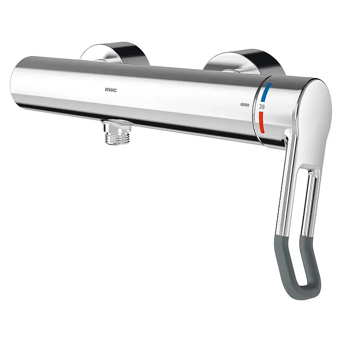 KWC UP-Brausethermostat KWC AR Thermostat-Wandbatterie, F4, EHM, für Handbrause, Hebel 118 mm - Basaltgrau - Verchromter Duschthermostat mit Hebelgriff, 38°C Temperaturanzeige und blau/roten Markierungen. Mit grauem Griff.