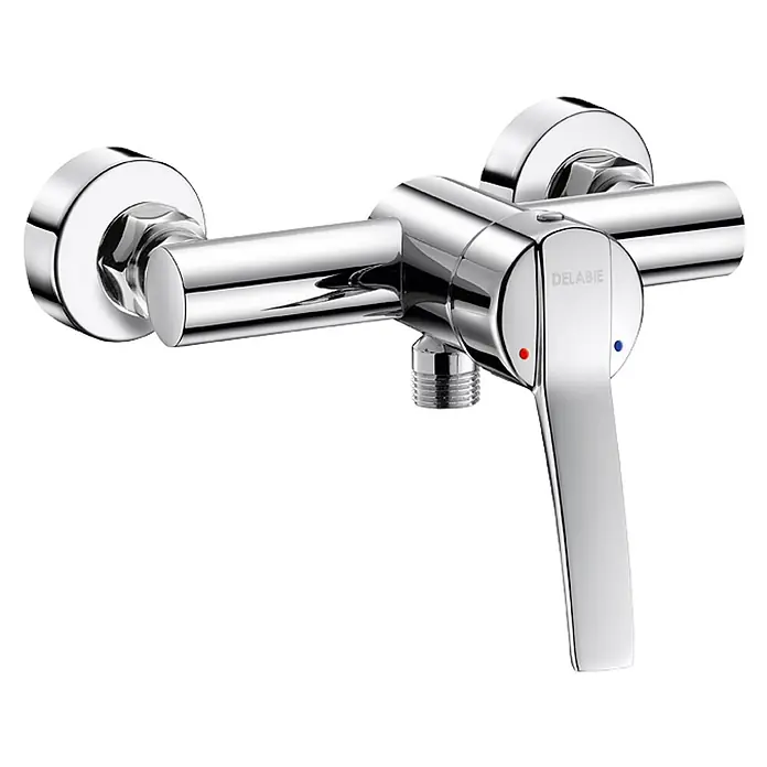 Delabie UP-Brausethermostat Delabie Brause-EHM SECURITHERM EP, Bedienhebel, Stdd. S-Anschlüsse -  - Polierte Chrom-Einhebel-Duscharmatur mit Warm- und Kaltwasseranzeigen.