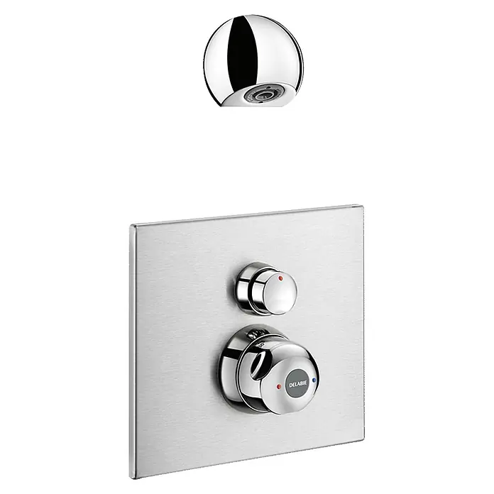 Delabie UP-Brausethermostat Delabie DU-Therm.MBatt.SECURITHERM 30Sek.UP was.dicht+ ROUND Set 2/2 -  - Verchromter Duschkopf und Duscharmatur aus gebürstetem Edelstahl mit zwei Chrom-Bedienknöpfen.