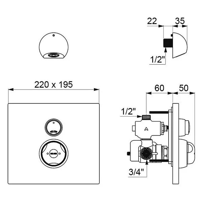 Delabie UP-Brausethermostat Delabie DU-Therm.MBatt.SECURITHERM 30Sek.UP was.dicht+ ROUND Set 2/2 -  - Technische Zeichnung eines Unterputz-Duschmischers mit quadratischer Blende und zwei runden Bedienelementen, plus separatem Wand-Duschkopf.