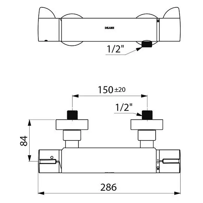 Delabie UP-Brausethermostat Delabie Brause-Thermostat SECURITHERM Securitouch,Standard-Anschlüsse -  - Technische Zeichnung eines Thermostat-Duschmischers mit 150 mm Anschlussabstand und 1/2-Zoll-Anschlüssen.