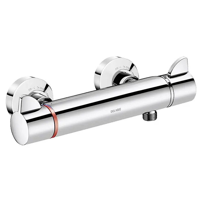 Delabie UP-Brausethermostat Delabie Brause-Thermostatarmatur SECURITHERM Securitouch, STOP/CHECK -  - Verchromte Duscharmatur mit Thermostatregelung und zwei Griffen für Temperatur und Durchfluss.