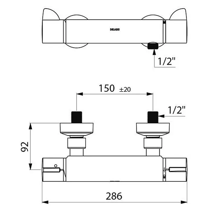 Delabie UP-Brausethermostat Delabie Brause-Thermostatarmatur SECURITHERM Securitouch, STOP/CHECK -  - Technisches Diagramm eines Wand-Duschmischers mit 1/2 Zoll Anschlüssen, 150 mm Achsabstand und 286 mm Gesamtbreite.
