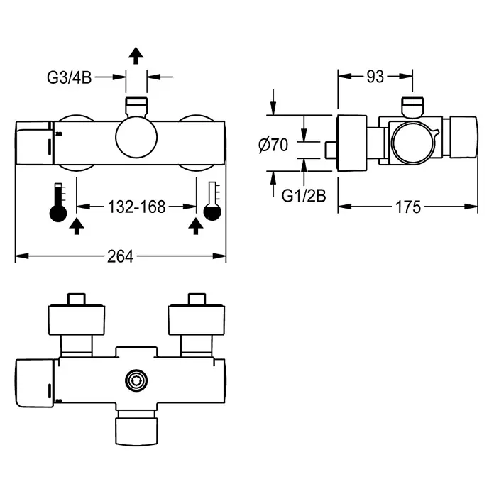 KWC UP-Brausethermostat - Messing poliert verchromt - Technische Zeichnung einer thermostatischen Duscharmatur mit Maßen, Vorder-, Ober- und Unteransicht.