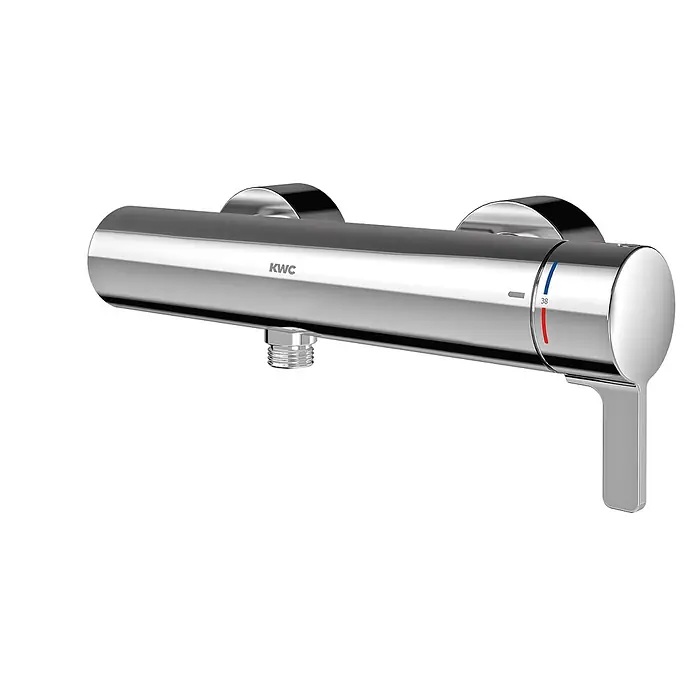 KWC UP-Brausethermostat KWC AR Thermostat-Wandbatterie, F5, EHM, für Handbrause, Option C-Modul -  - Glänzender Chrom-Thermostat-Duschmischer mit KWC-Logo, 38°C-Markierung und flachem Griff.
